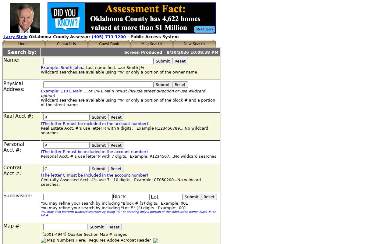 Oklahoma City residents directory property search fields in the Oklahoma County Assessor portal