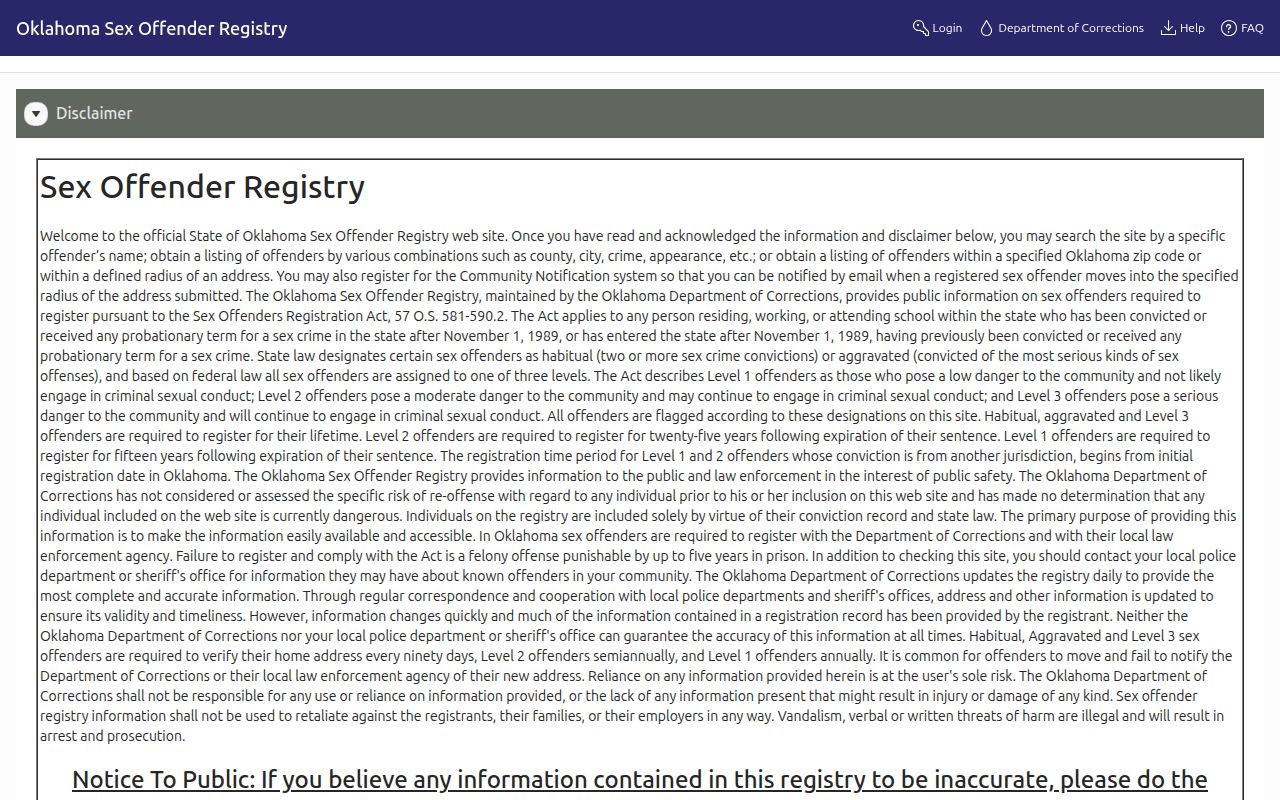 Oklahoma City neighbors page showing the official Oklahoma Sex Offender Registry entry